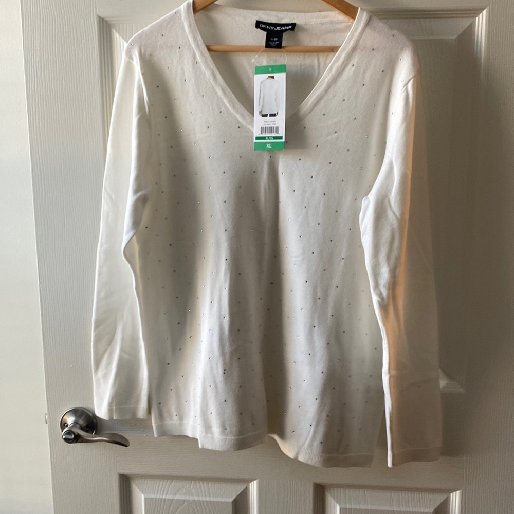 DKNY White V-Neck Sweater